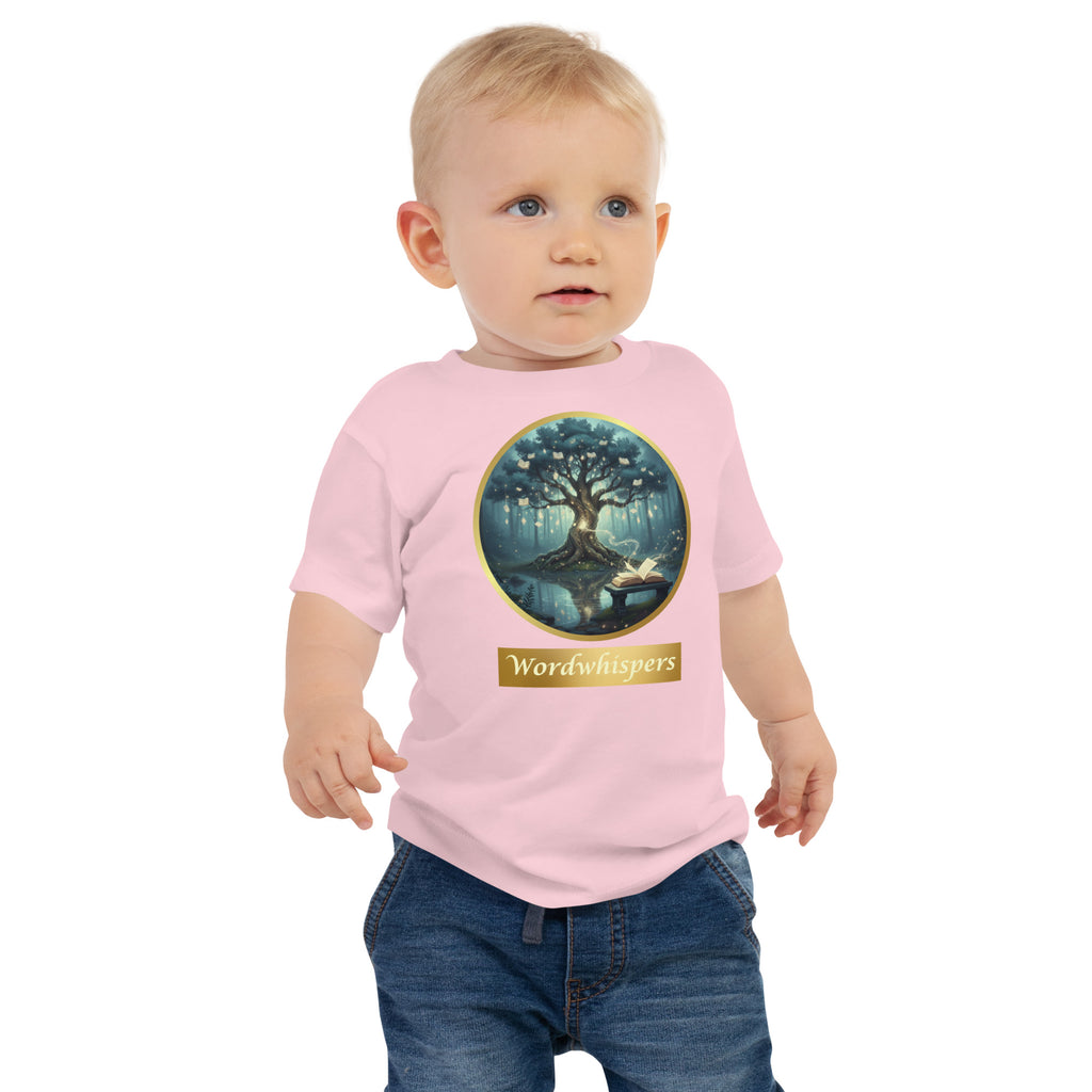 Book Lover Baby Tee in – Mystical Tree with Glowing Books design - in pink