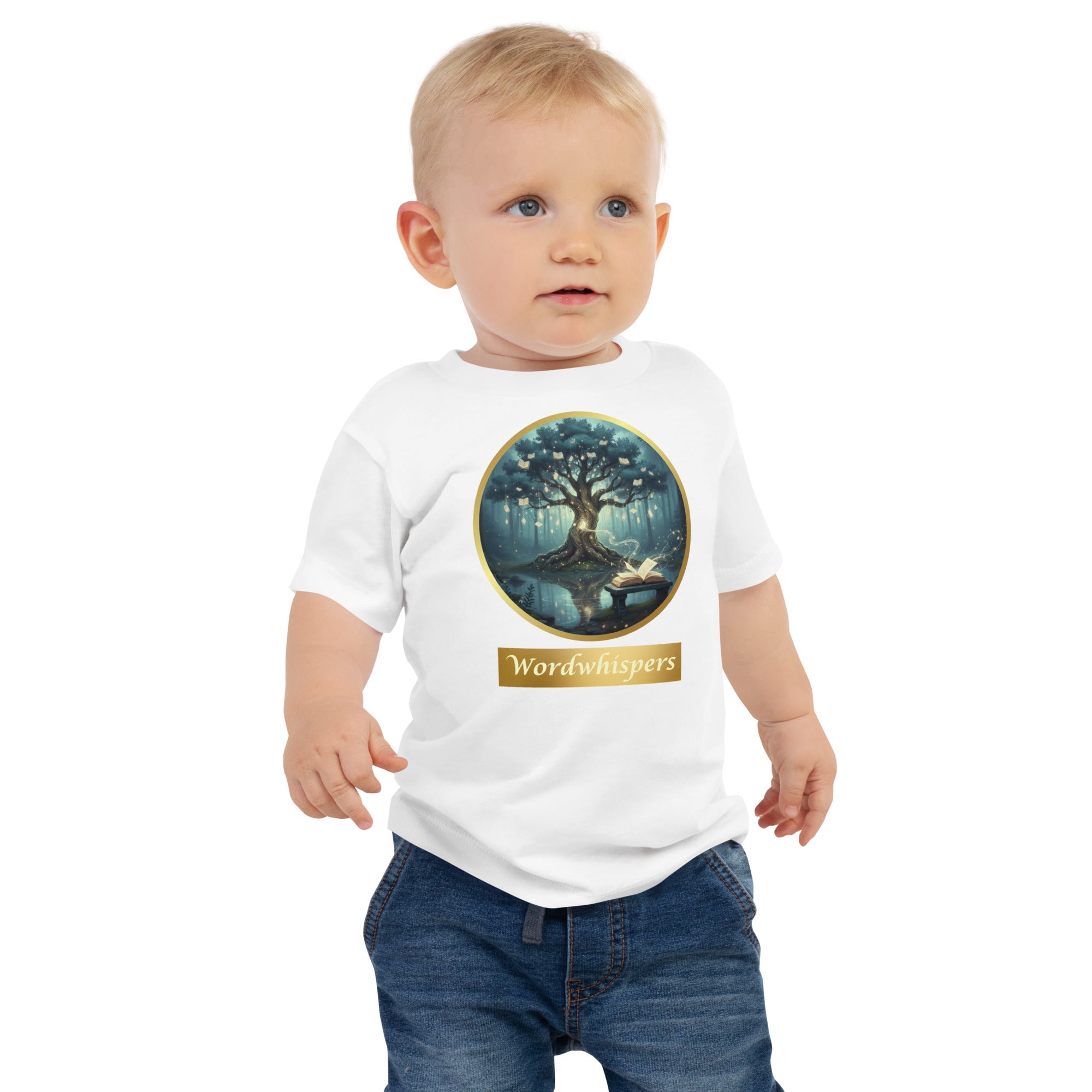 Book Lover Baby Tee in – Mystical Tree with Glowing Books design- in white