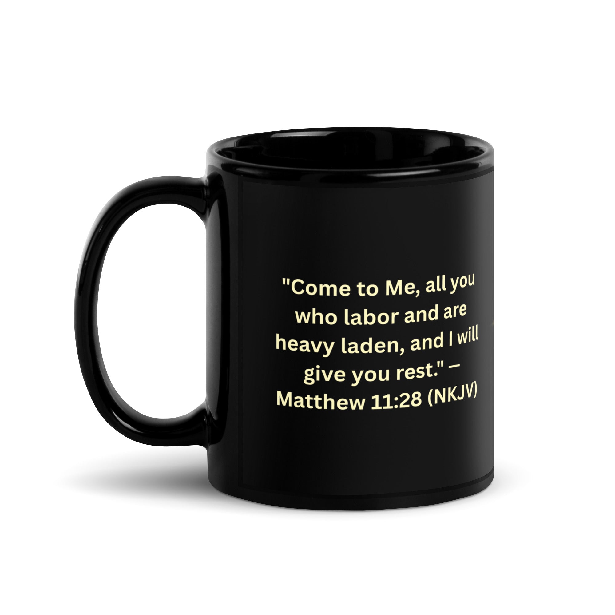  Inspirational mug black - Promise of Rest Matthew 11:28 - back view showing scripture text
