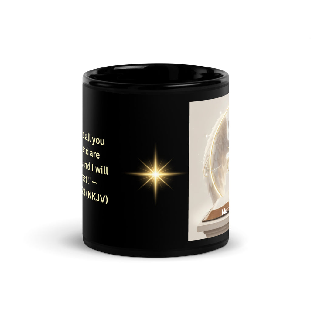 Inspirational mug black - Promise of Rest Matthew 11:28 - side view showing faith design

