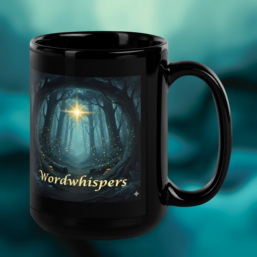 Midnight Glimmer Guiding Light, black 15oz ceramic mug with illuminated star design