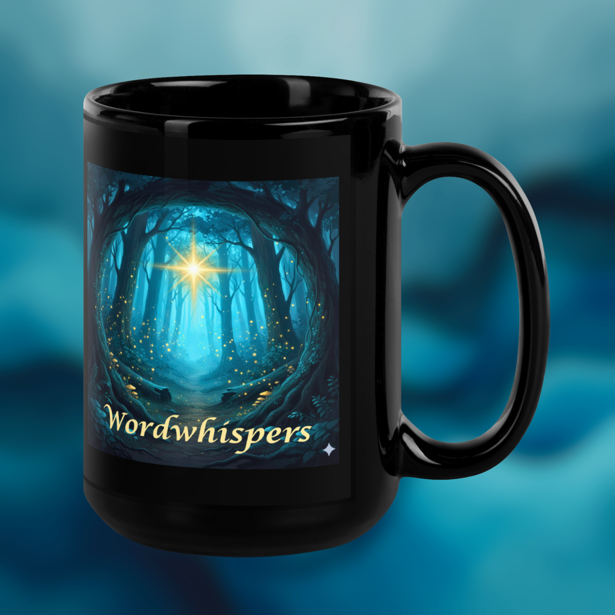  Twilight Glimmer Glowing Star, black 15oz ceramic mug with glowing star design