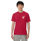 Front of Wordwhispers book lover T-shirt with a decorative W monogram on the left chest in red