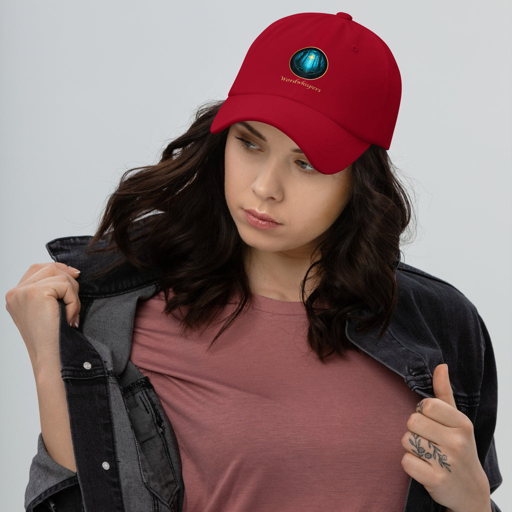 Book lover dad hat cranberry - Glimmer of Light design - adjustable unstructured cap