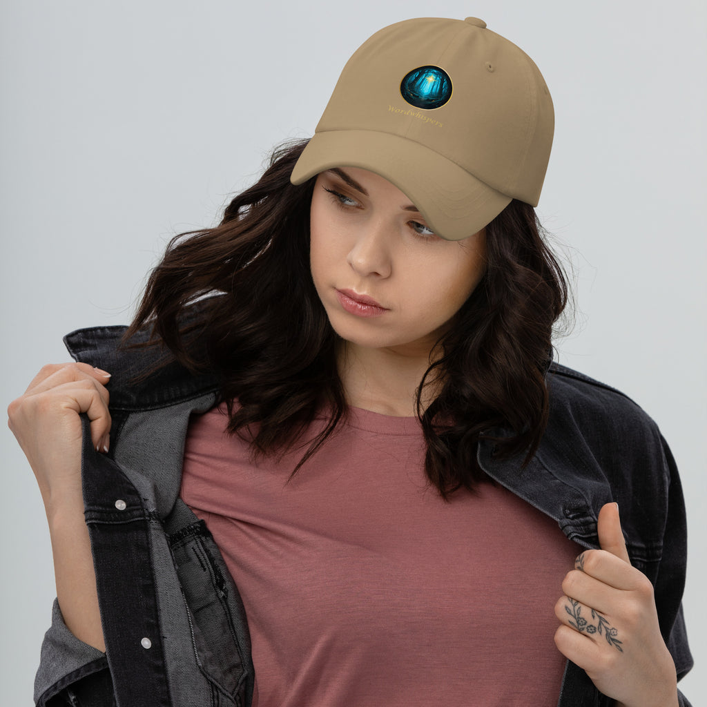 Book lover dad hat khaki - Glimmer of Light design - adjustable unstructured cap