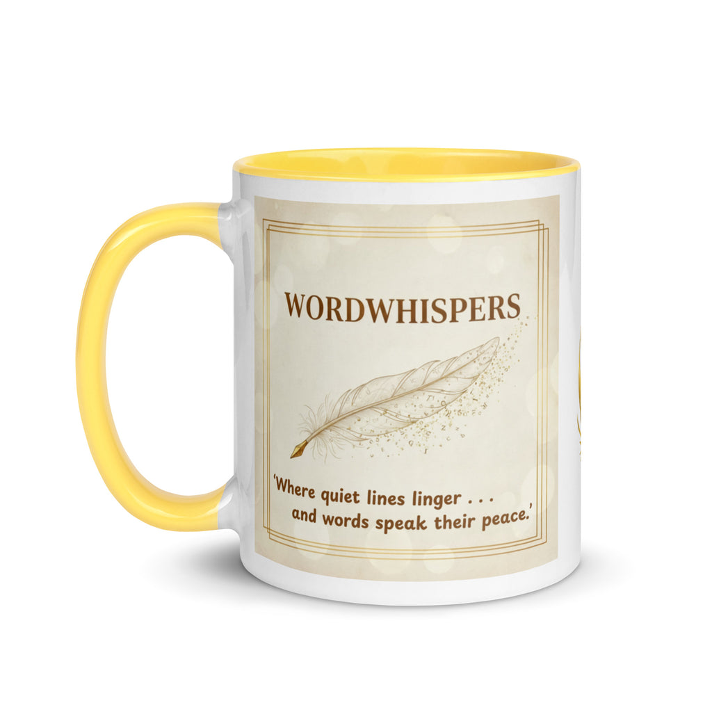 feather whispers two tone mug handle on left