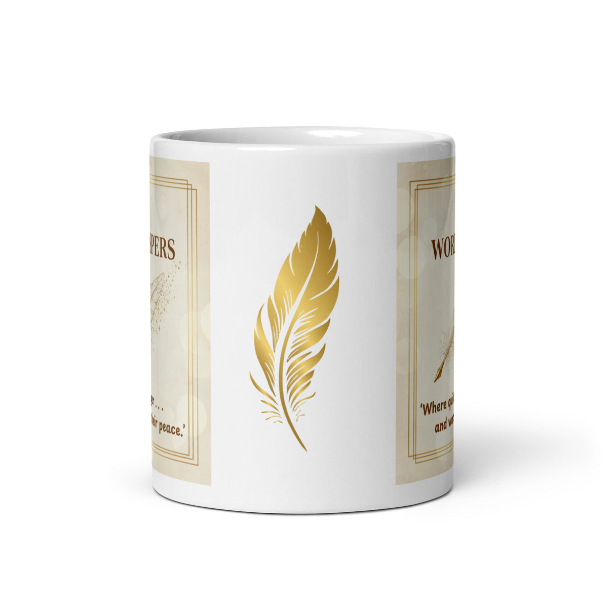 feather whispers mug white side