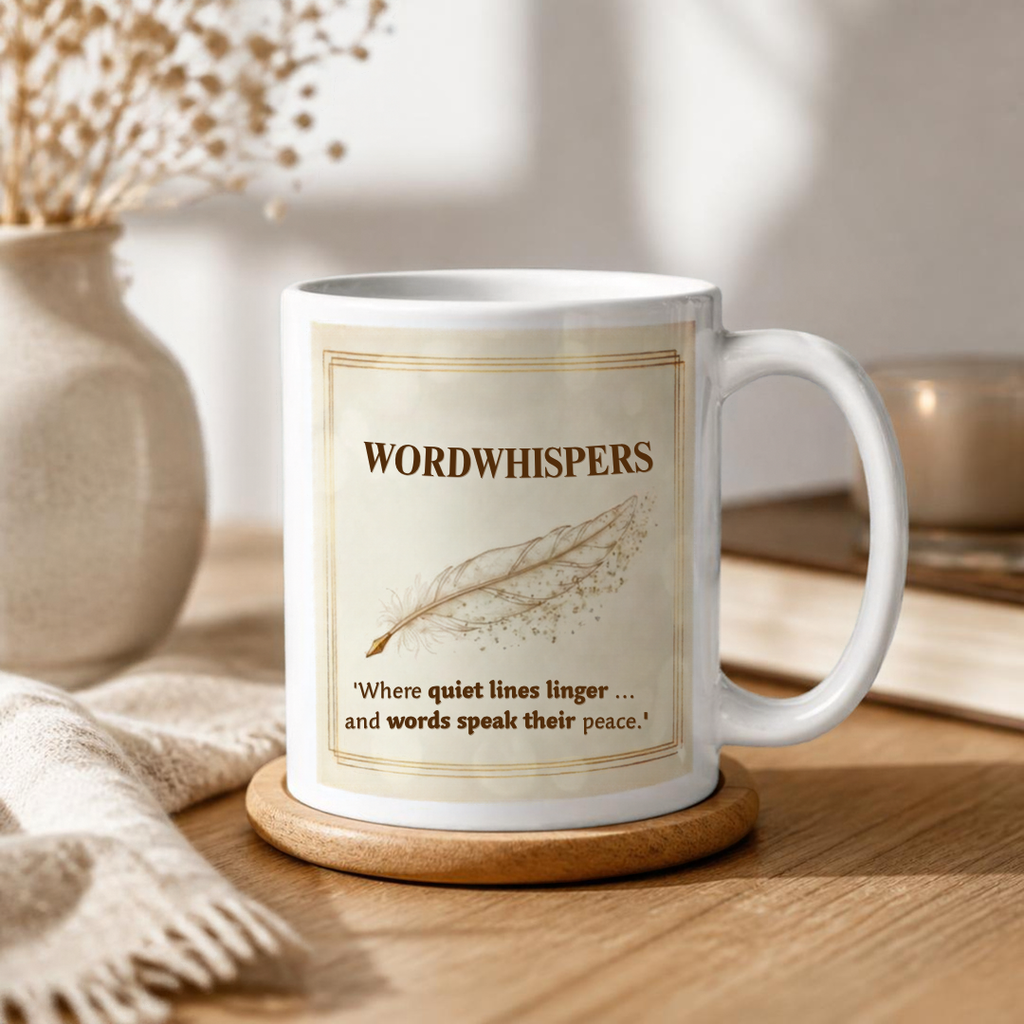 Feather whispers mug white front