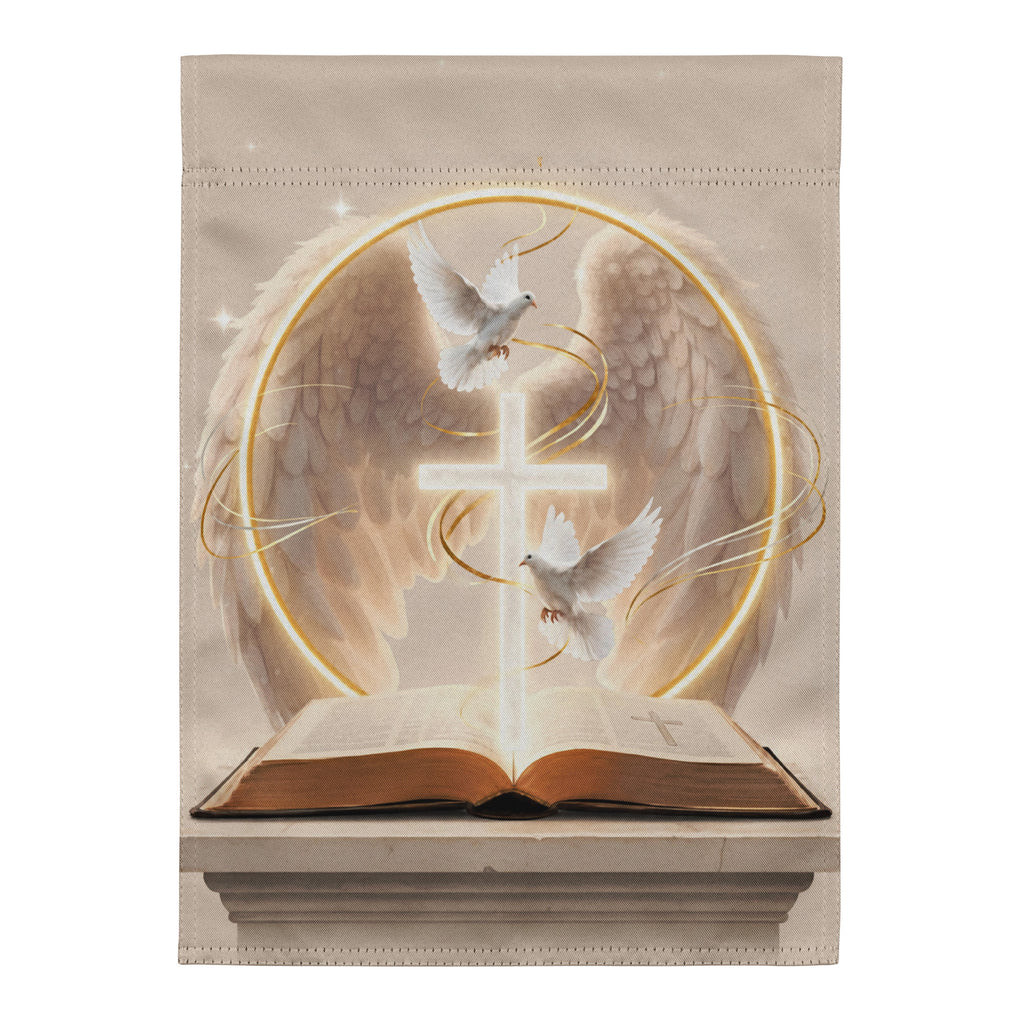 Promise of Rest memorial garden flag featuring a glowing cross, two doves, angel wings, and an open Bible.