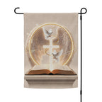Promise of Rest memorial garden flag featuring a glowing cross, two doves, angel wings, and an open Bible.
