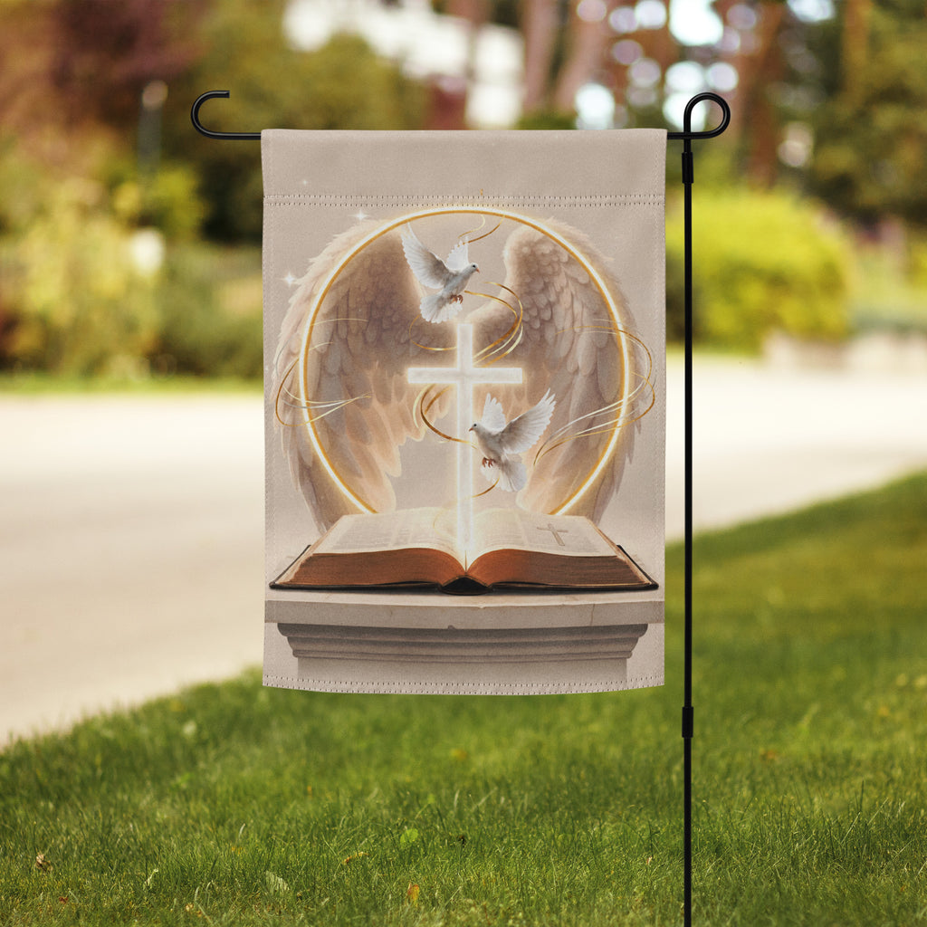 Promise of Rest memorial garden flag featuring a glowing cross, two doves, angel wings, and an open Bible.