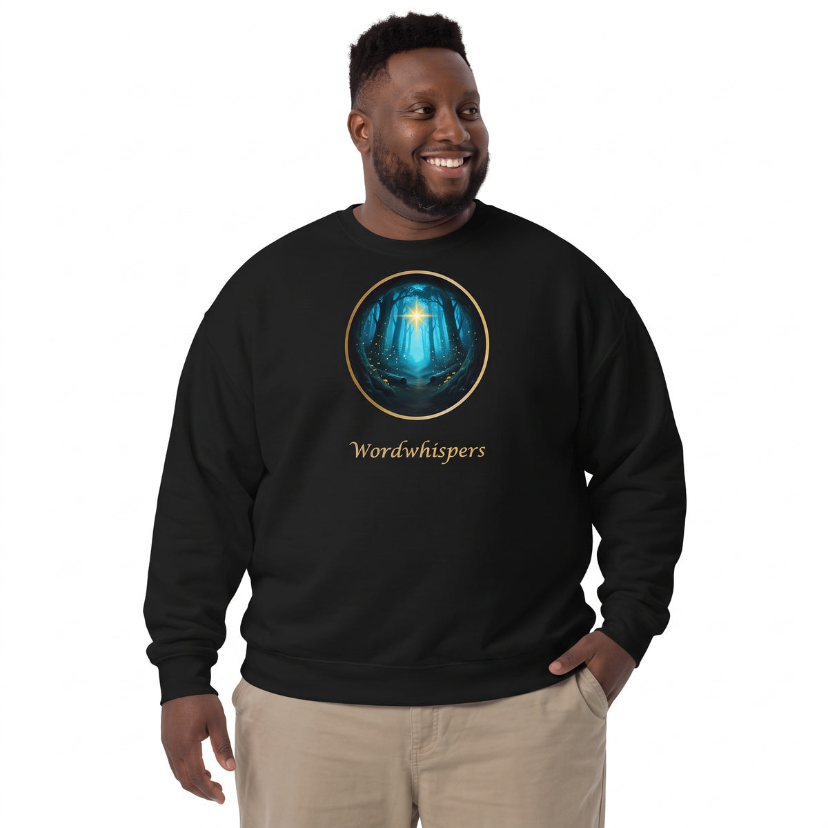Glimmer of Light crewneck sweatshirt featuring a glowing star in a gold-bordered forest circle, with Wordwhispers lettering beneath in black