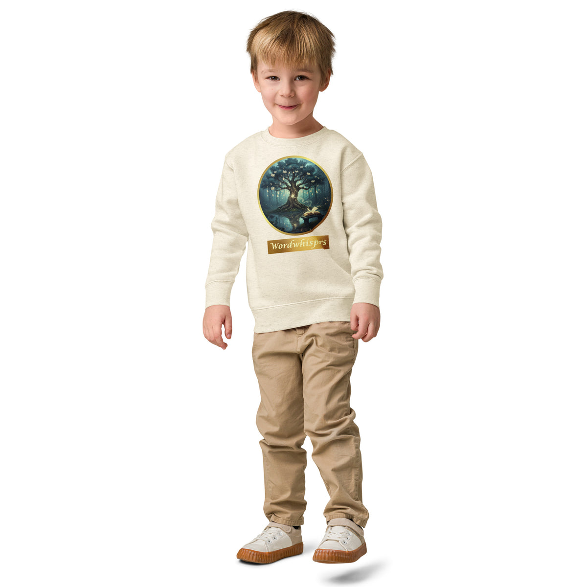 Little Dreamers Storybook Sweatshirt in natural heather with mystical glowing tree design – Wordwhispers