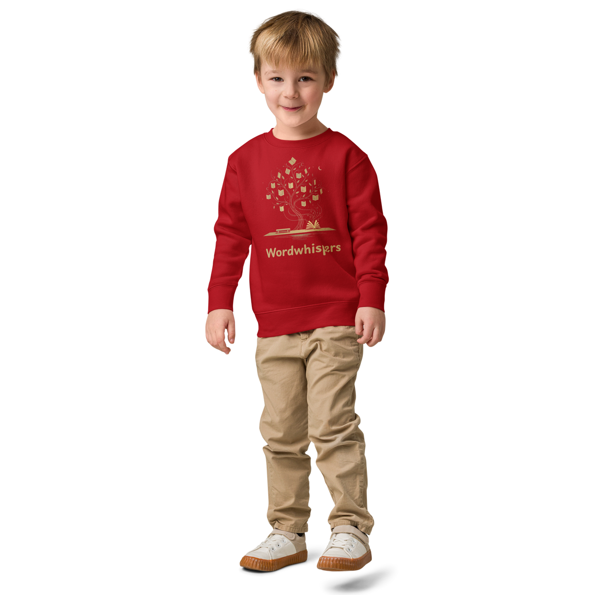Little Dreamers Mystical Tree & Glowing Books Kids Sweatshirt – Wordwhispers – in red