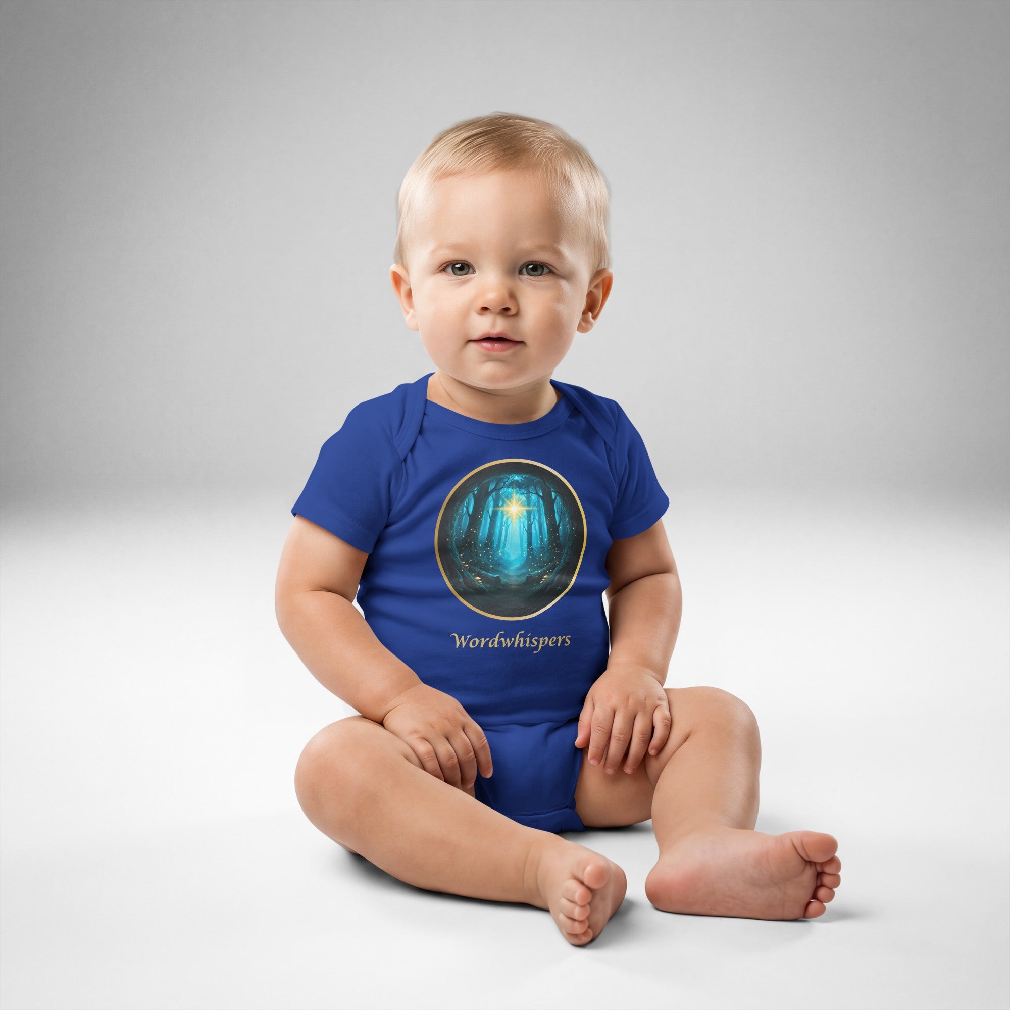 Little Bookworm Glimmer of Light baby bodysuit in royal