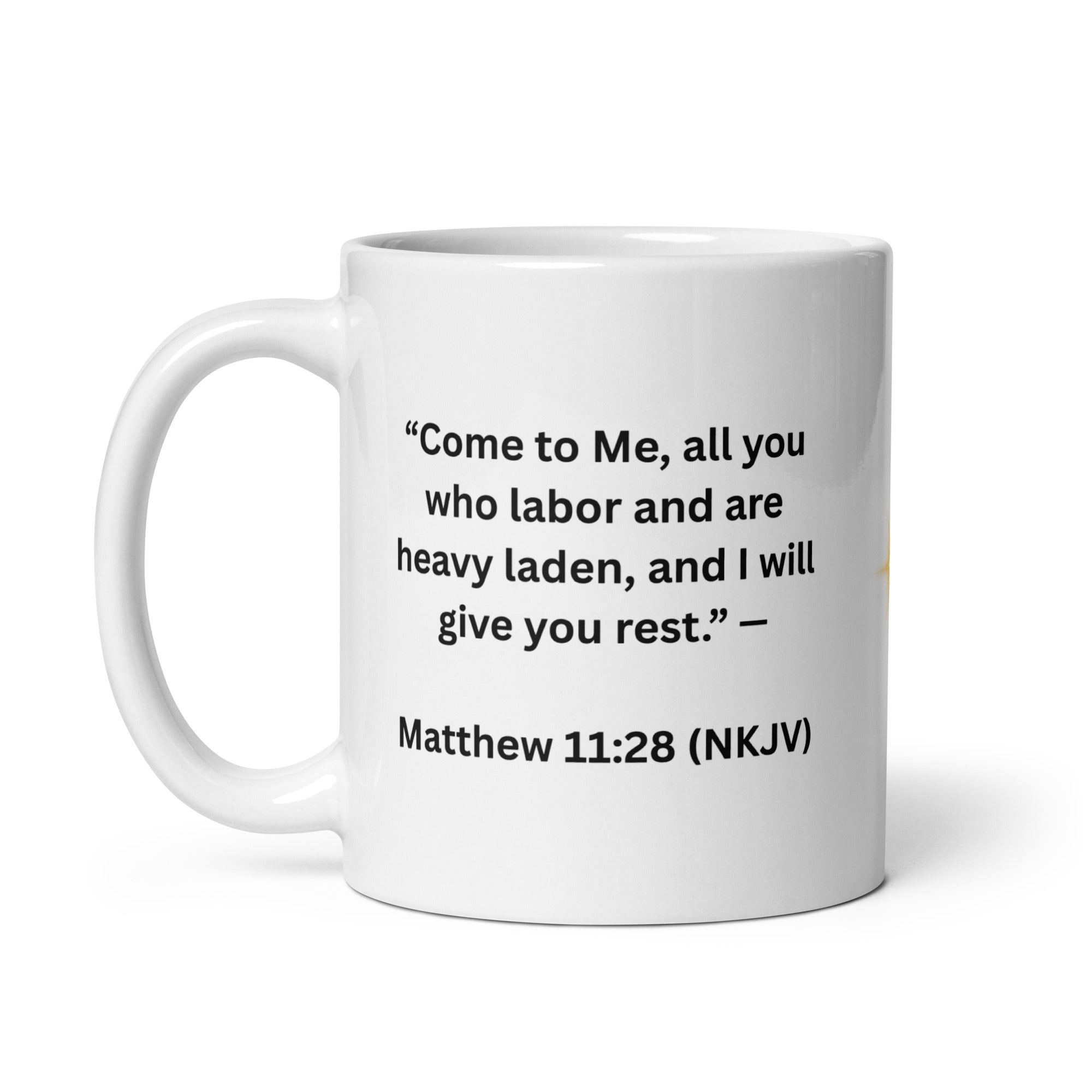 Inspirational mug white - Promise of Rest Matthew 11:28 back view - faith gift