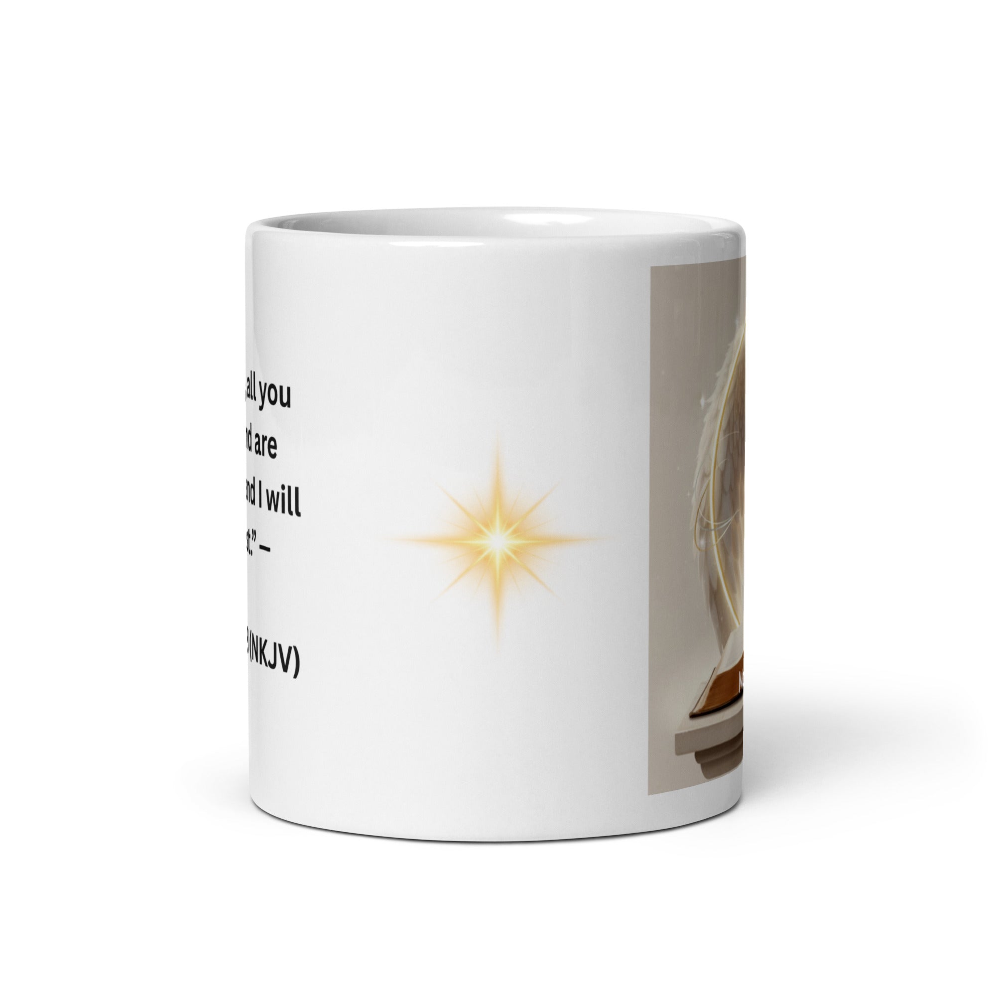 Inspirational mug white - Promise of Rest Matthew 11:28 side view - premium ceramic mug