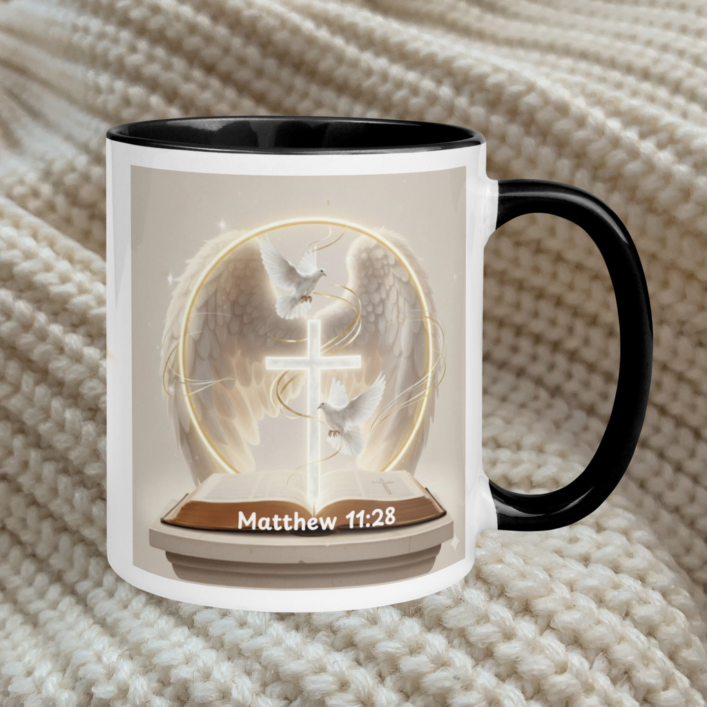 Inspirational mug accent - Promise of Rest Matthew 11:28 - 11oz ceramic mug black interior