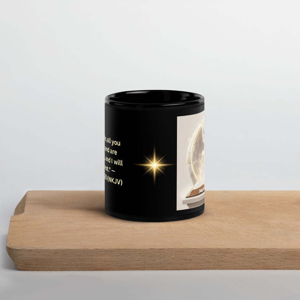  Inspirational mug black - Promise of Rest Matthew 11:28 - side view