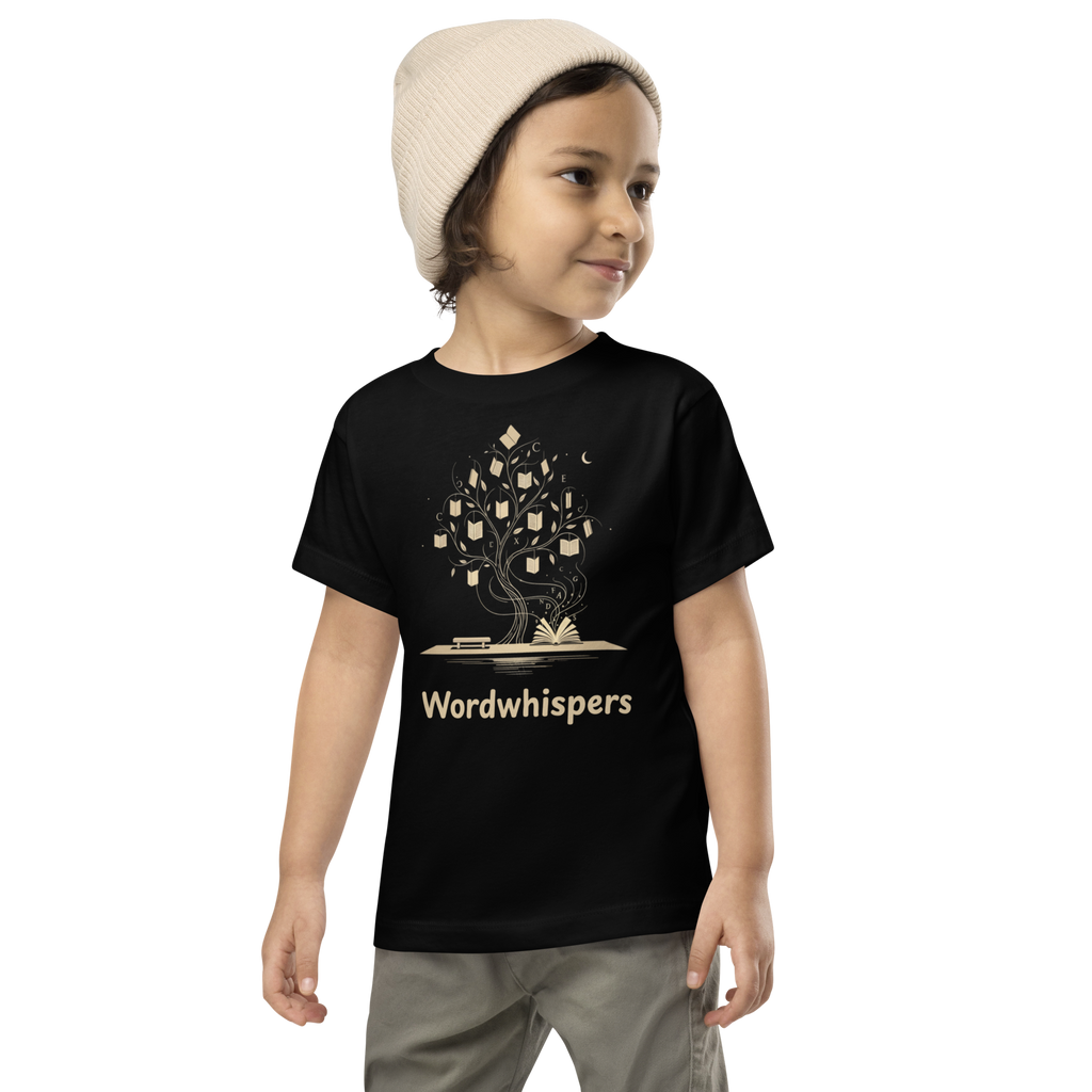 toddler t-shirt with Enchanted Tree design — whimsical book tree growing from an open storybook, Wordwhispers brand, sizes 2T–5T in black