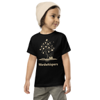 toddler t-shirt with Enchanted Tree design — whimsical book tree growing from an open storybook, Wordwhispers brand, sizes 2T–5T in black