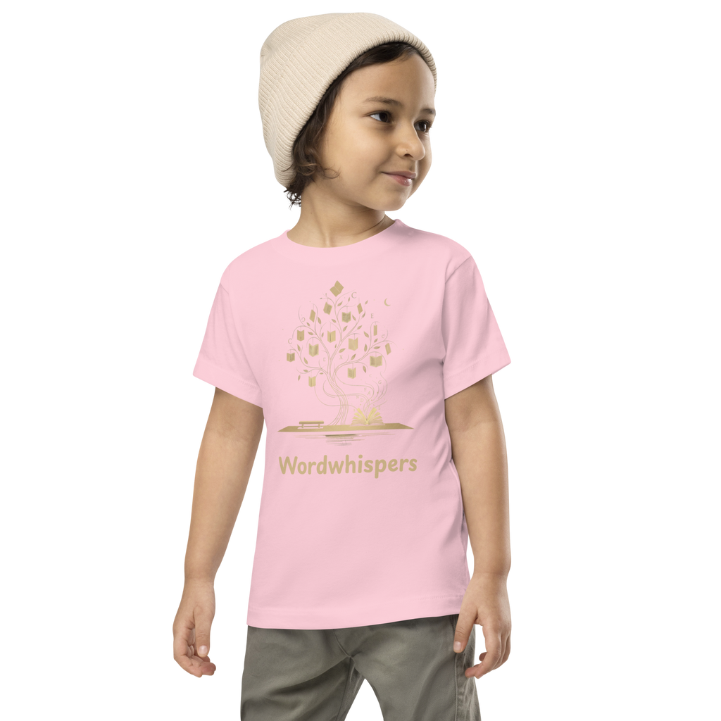 toddler t-shirt with Enchanted Tree design — whimsical book tree growing from an open storybook, Wordwhispers brand, sizes 2T–5T in pink