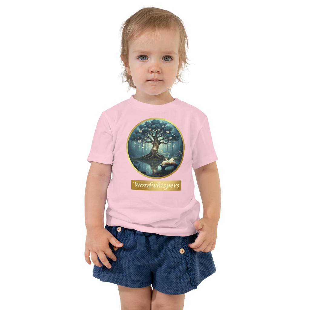 toddler t-shirt with Mystical Tree & Glowing Books design — luminous tree in moonlit forest with open book at roots, Wordwhispers brand, sizes 2T–5T - in pink