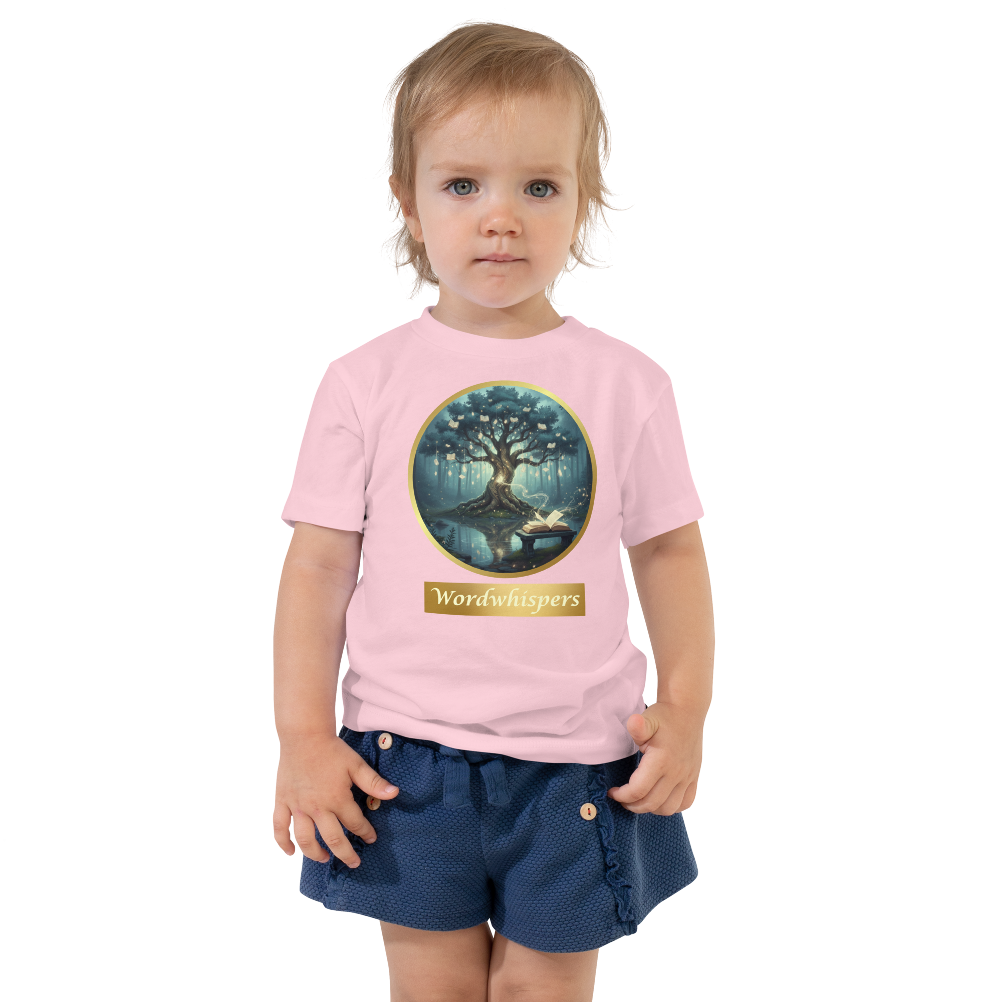 toddler t-shirt with Mystical Tree & Glowing Books design — luminous tree in moonlit forest with open book at roots, Wordwhispers brand, sizes 2T–5T - in pink