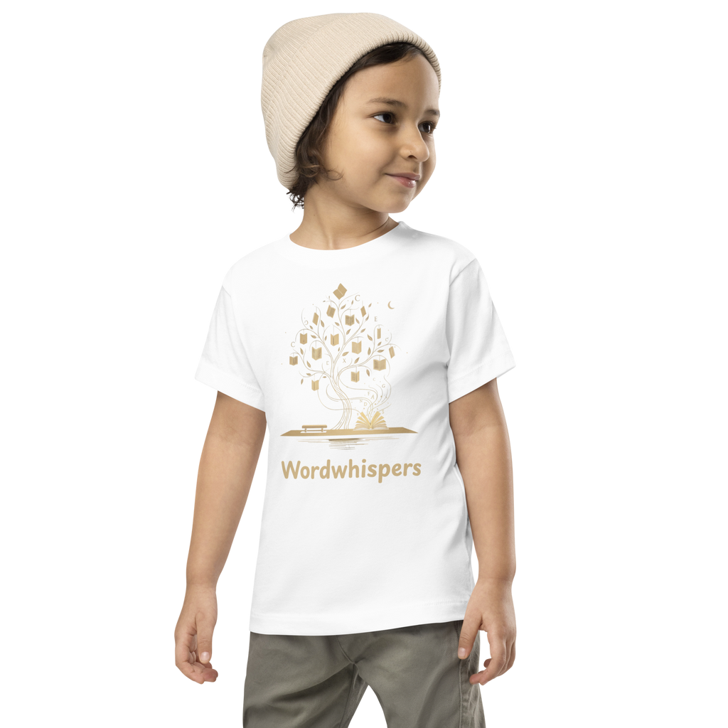  toddler t-shirt with Enchanted Tree design — whimsical book tree growing from an open storybook, Wordwhispers brand, sizes 2T–5T in white