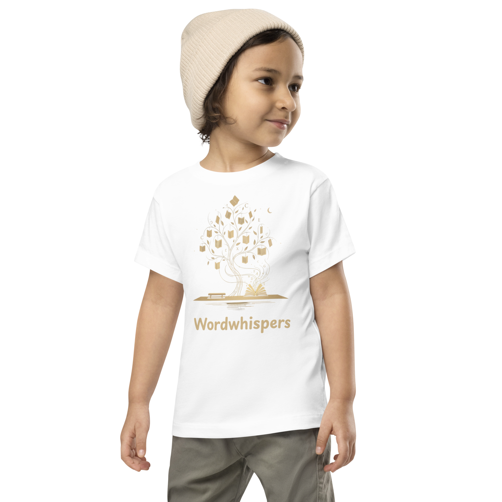  toddler t-shirt with Enchanted Tree design — whimsical book tree growing from an open storybook, Wordwhispers brand, sizes 2T–5T in white