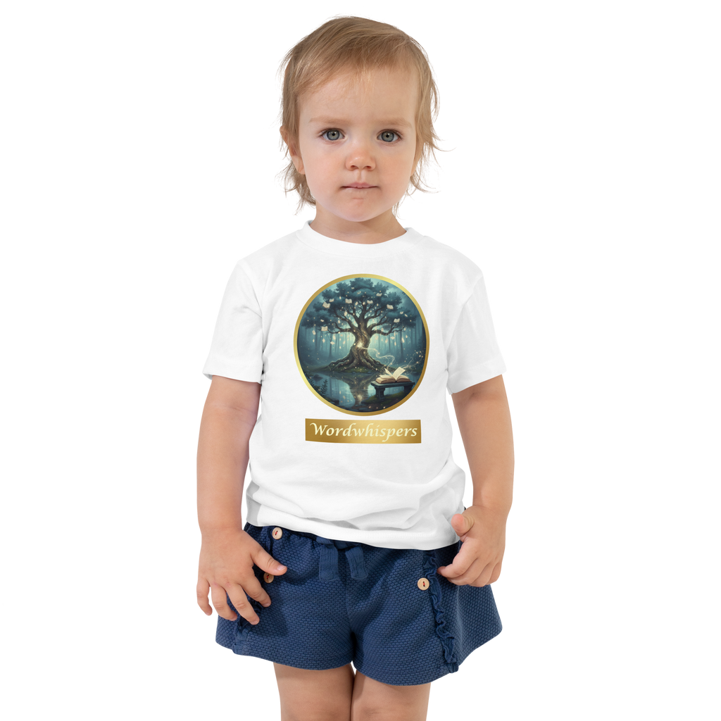 toddler t-shirt with Mystical Tree & Glowing Books design — luminous tree in moonlit forest with open book at roots, Wordwhispers brand, sizes 2T–5T - in white