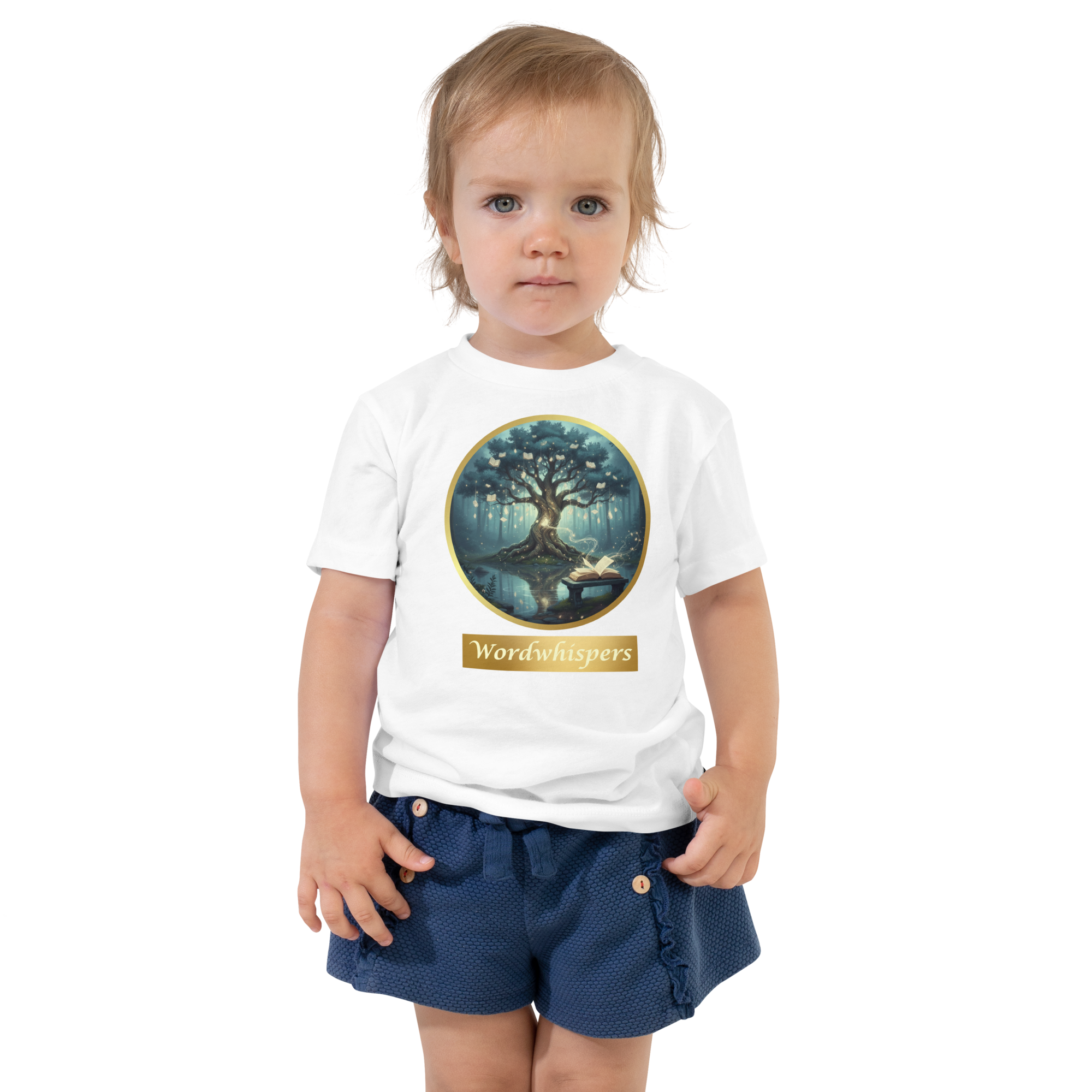 toddler t-shirt with Mystical Tree & Glowing Books design — luminous tree in moonlit forest with open book at roots, Wordwhispers brand, sizes 2T–5T - in white