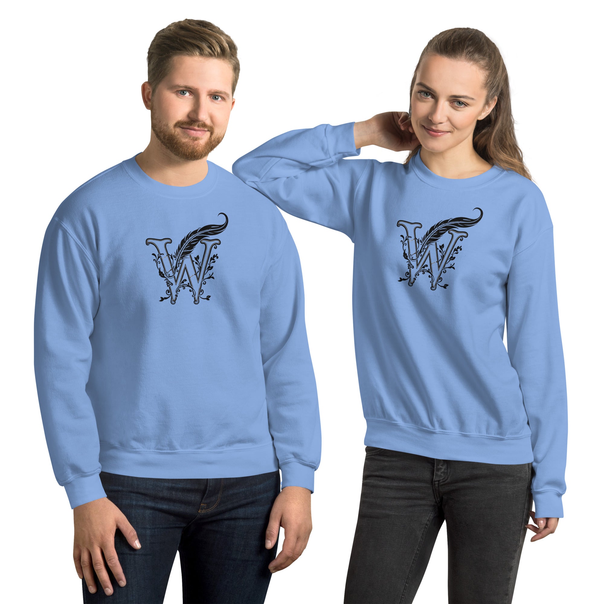 Book lover premium sweatshirt - Wordwhispers black logo front - unisex literary apparel - Carolina Blue
