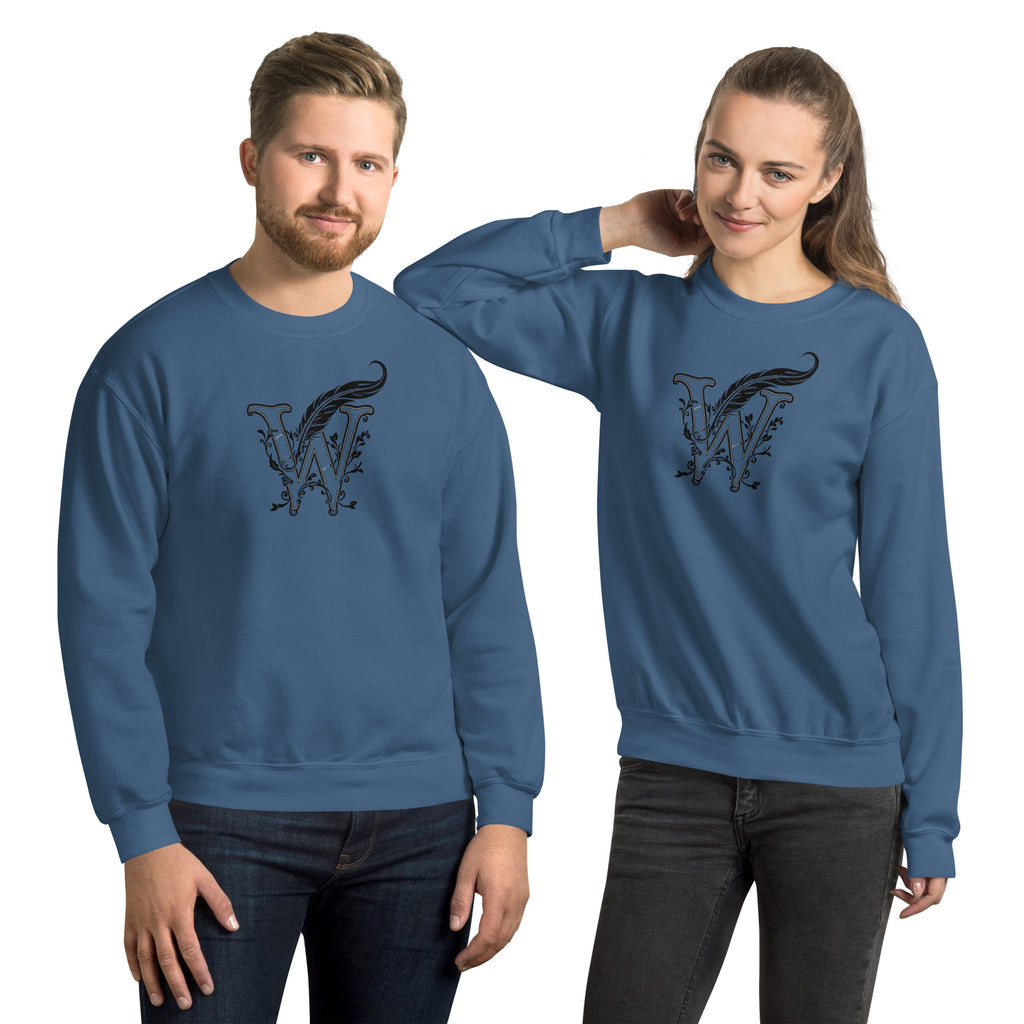 Book lover premium sweatshirt - Wordwhispers black logo front - unisex literary apparel - Indigo Blue