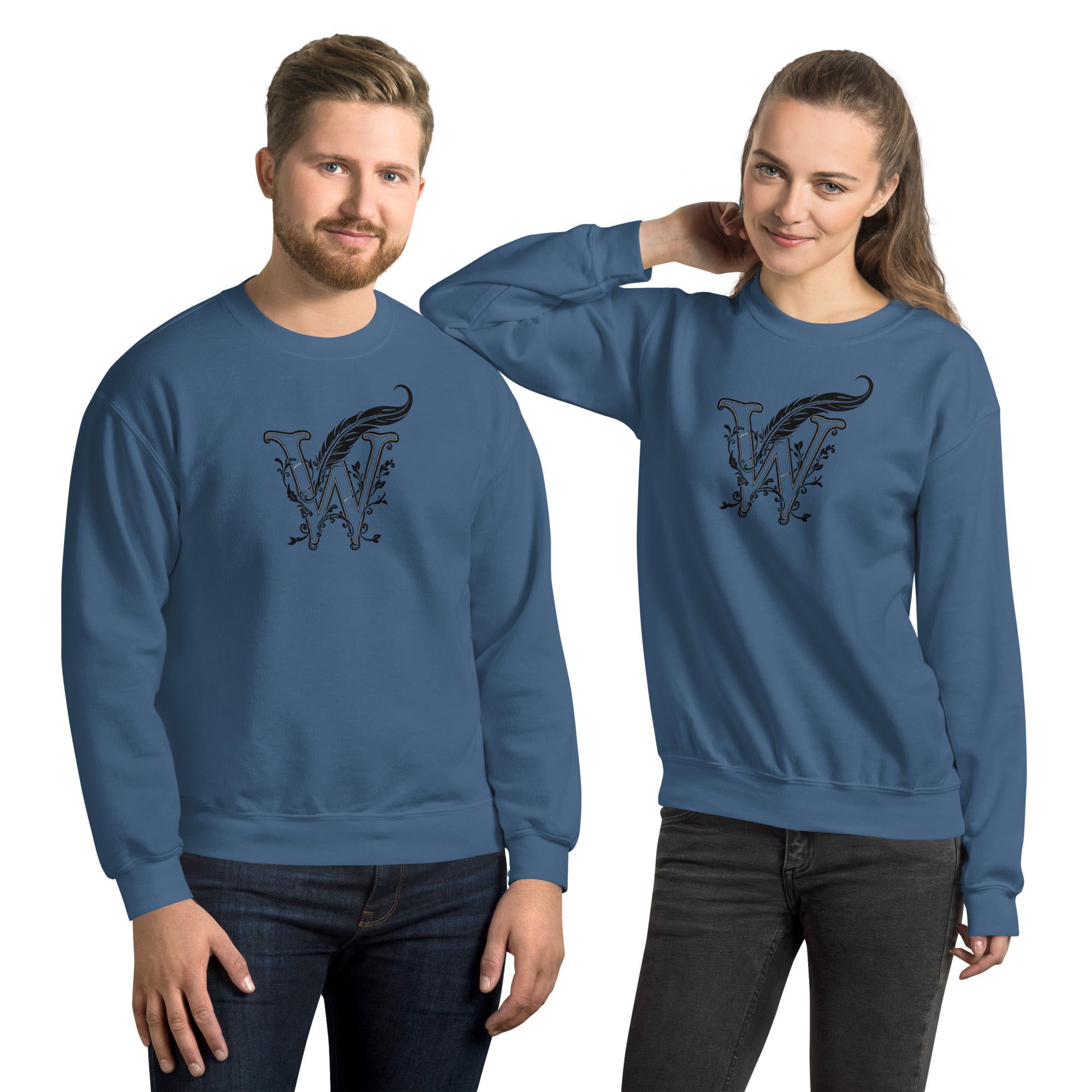 Book lover premium sweatshirt - Wordwhispers black logo front - unisex literary apparel - Indigo Blue