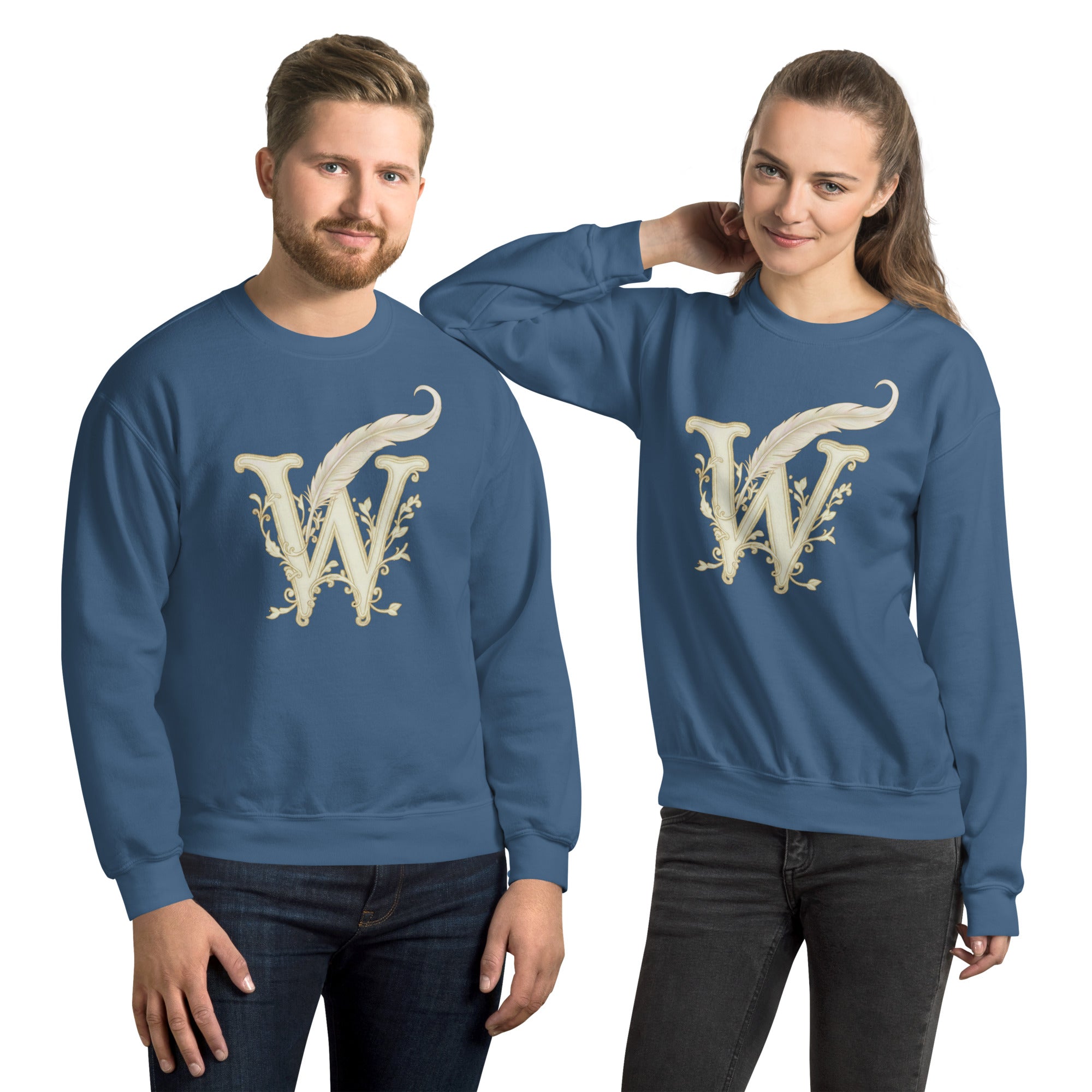 Book lover premium sweatshirt indigo blue - Wordwhispers cream logo front - unisex literary apparel