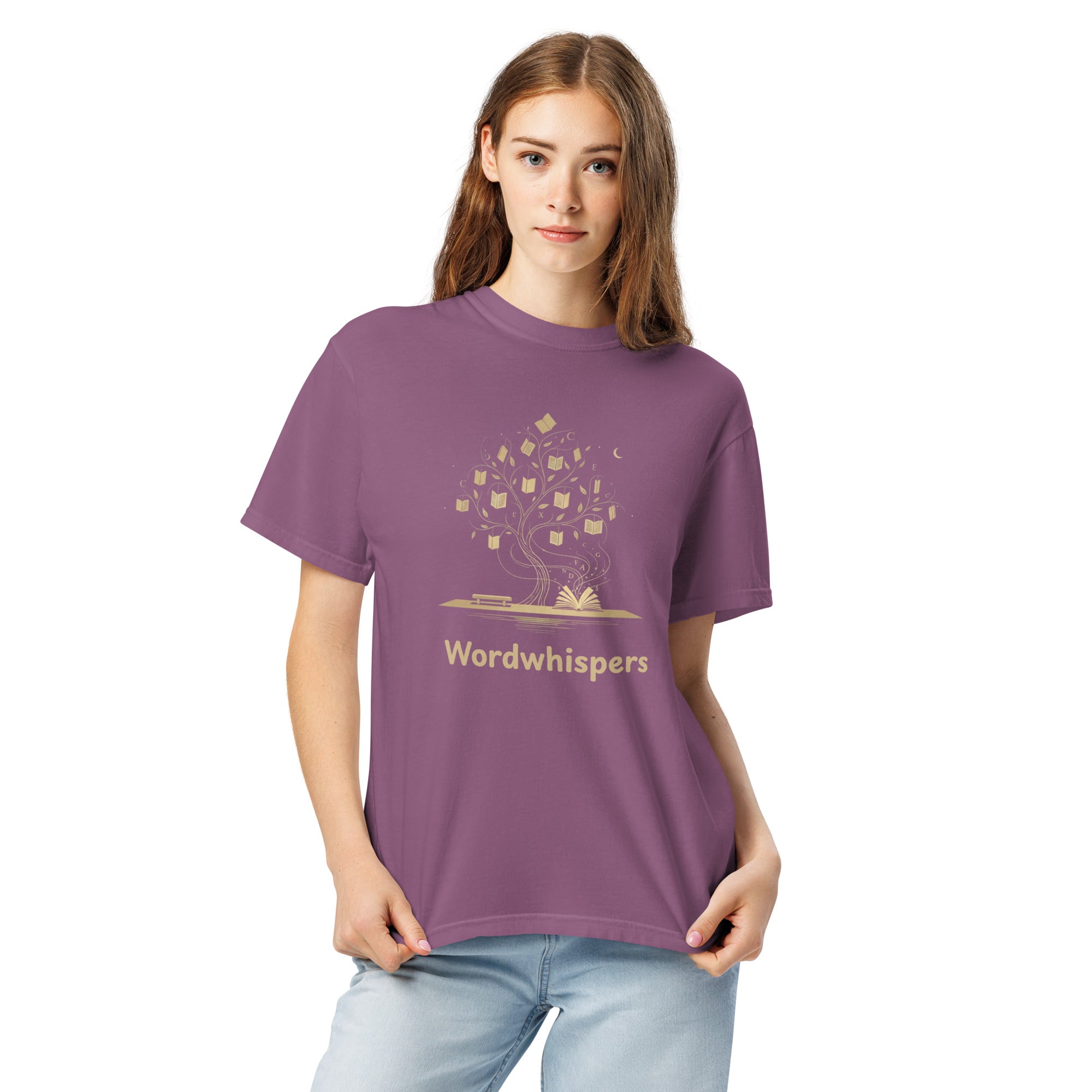 Literary heavyweight unisex t-shirt with Enchanted Tree Glowing Books design in berry