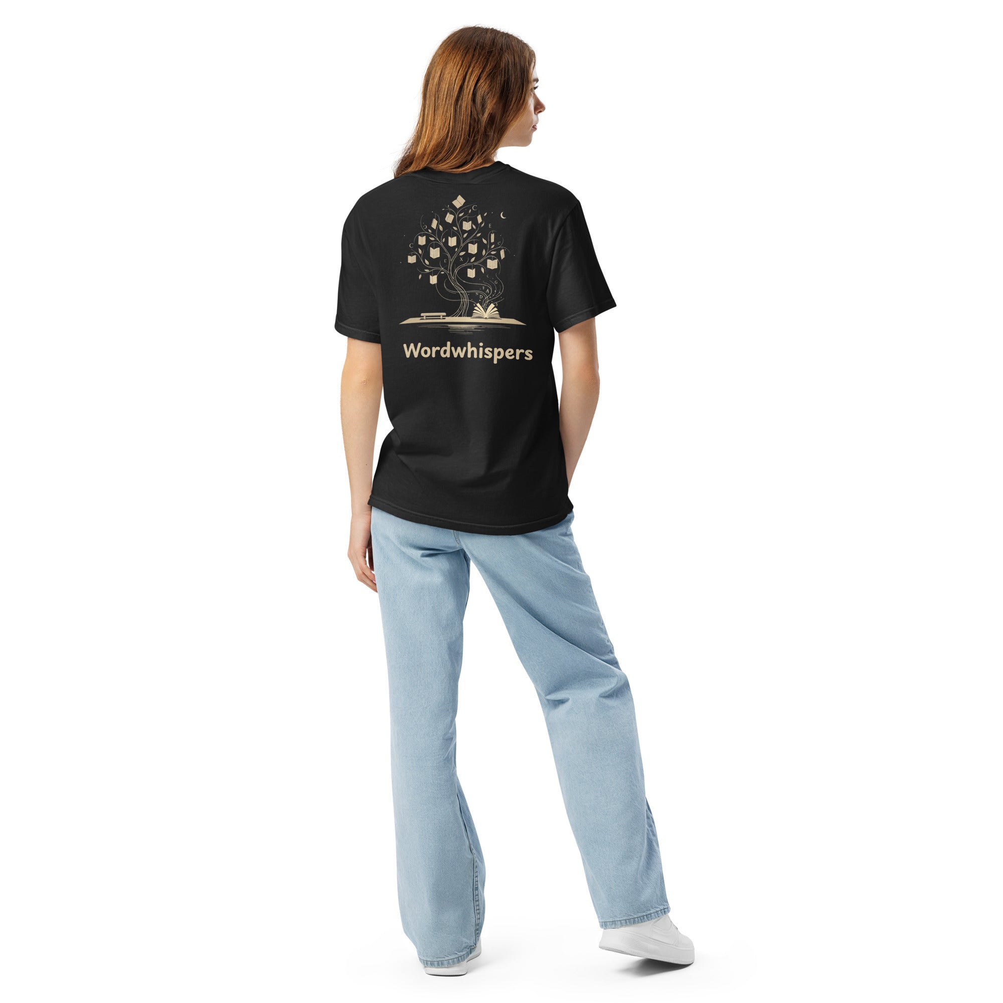  Literary premium unisex t-shirt with Enchanted Tree Glowing Books back design in Black