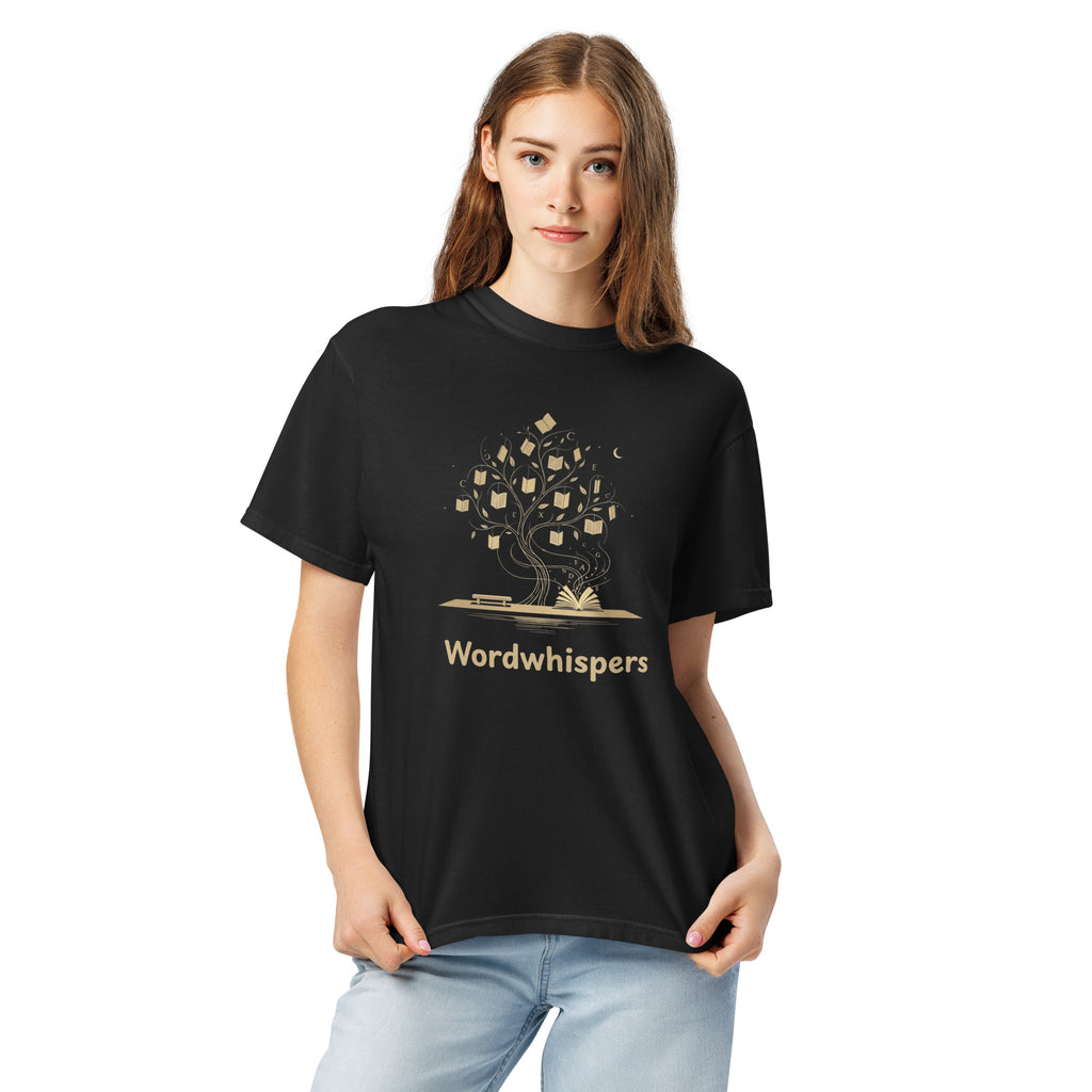 Literary heavyweight unisex t-shirt with Enchanted Tree Glowing Books design in Black