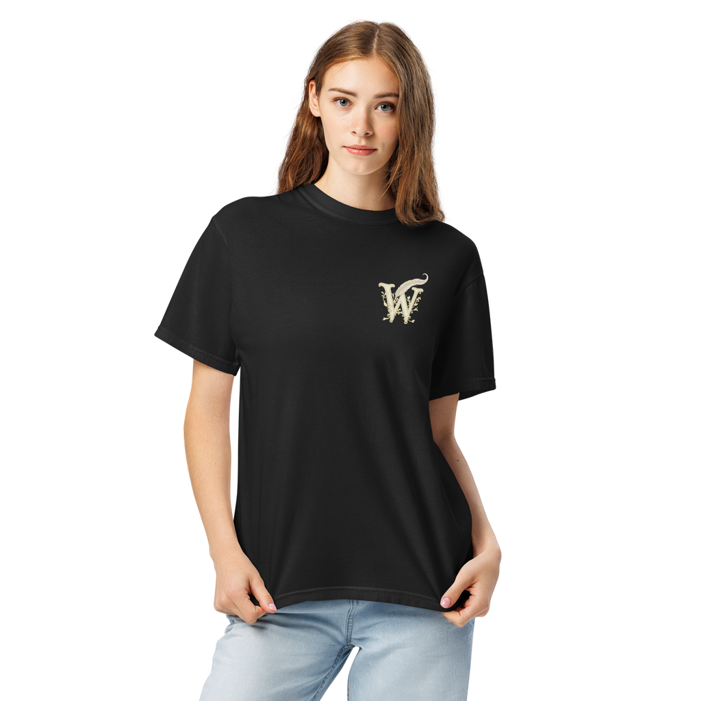 Front of Wordwhispers book lover T-shirt with a decorative W monogram on the left chest in black
