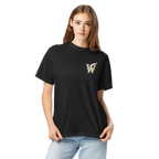 Front of Wordwhispers book lover T-shirt with a decorative W monogram on the left chest in black
