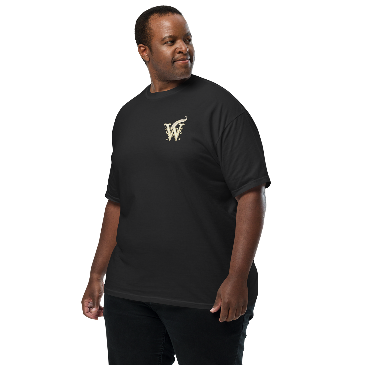 Extended sized Front of Wordwhispers book lover T-shirt with a decorative W monogram on the left chest in black