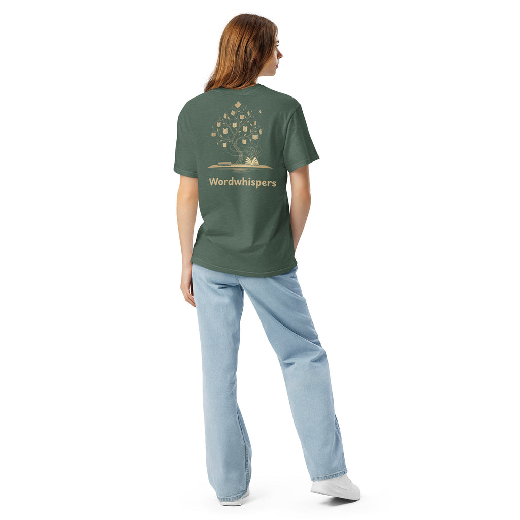 Literary premium unisex t-shirt with Enchanted Tree Glowing Books back design in Blue Spruce