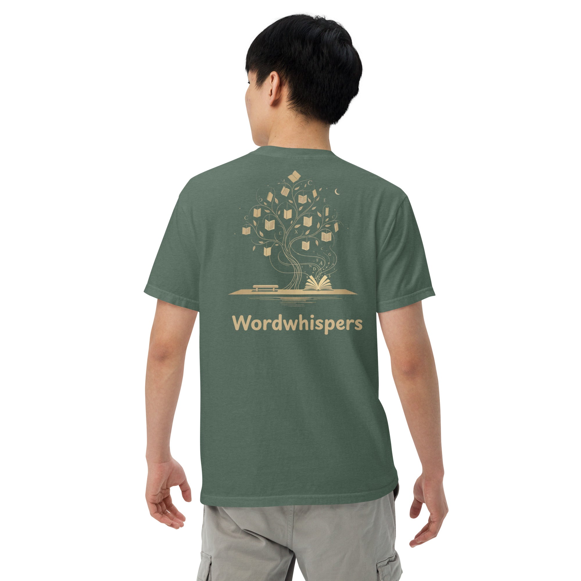  Literary premium unisex t-shirt with Enchanted Tree Glowing Books back design in Blue Spruce