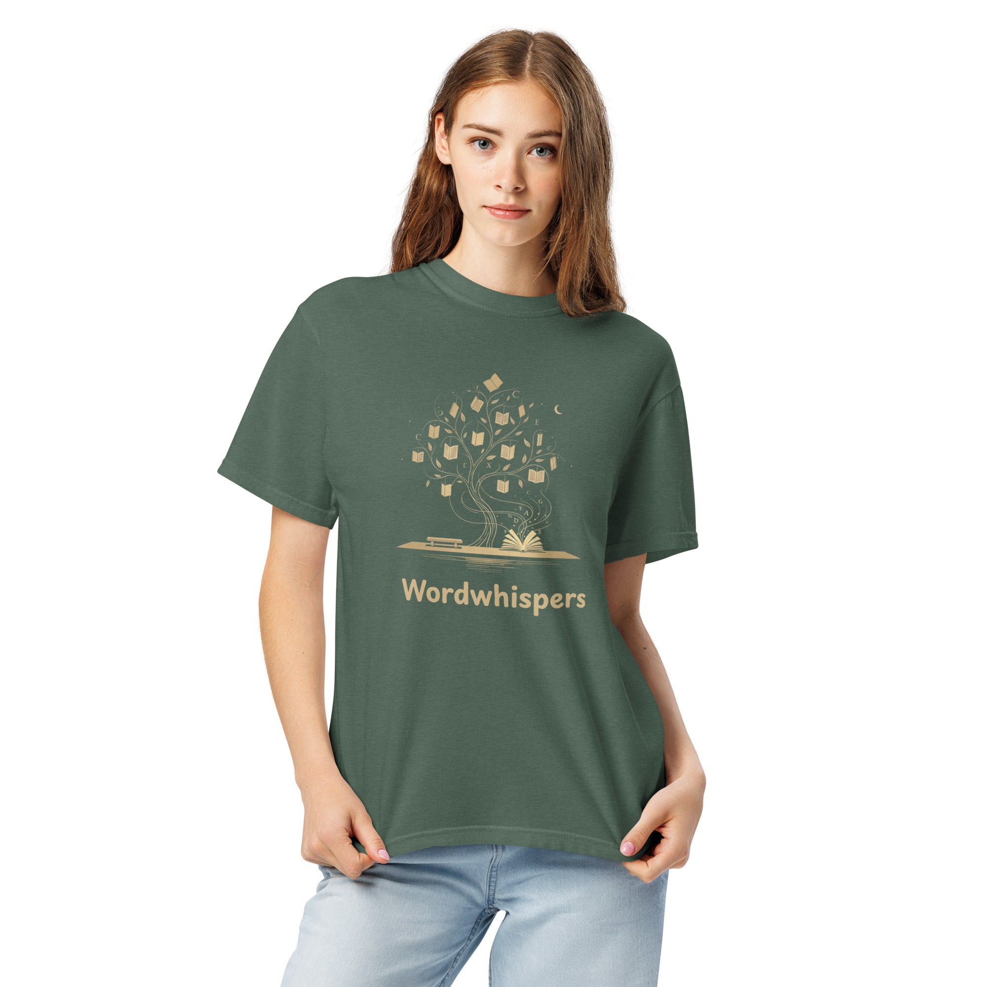 Literary heavyweight unisex t-shirt with Enchanted Tree Glowing Books design in Blue Spruce