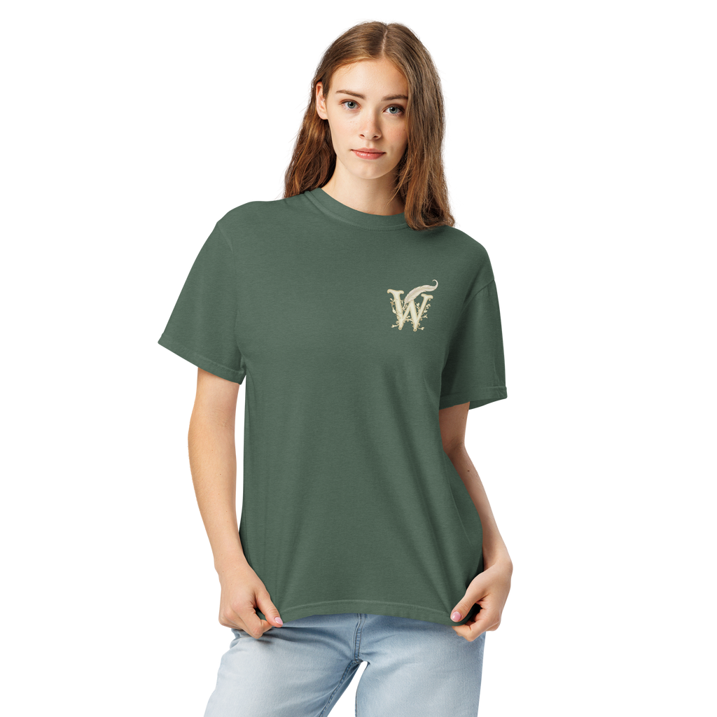Front of Wordwhispers book lover T-shirt with a decorative W monogram on the left chest in blue spruce