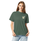 Front of Wordwhispers book lover T-shirt with a decorative W monogram on the left chest in blue spruce
