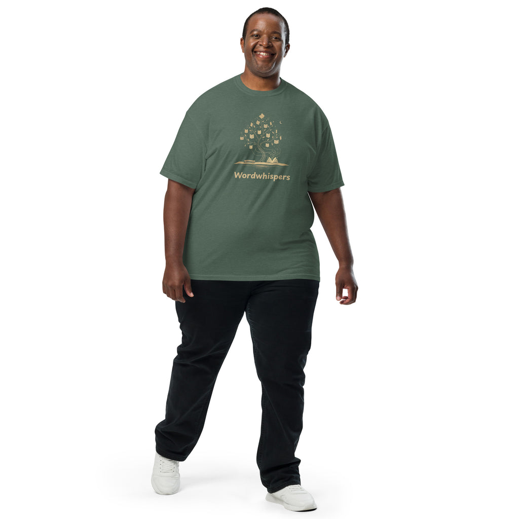 Literary heavyweight unisex t-shirt with Enchanted Tree Glowing Books design in Blue Spruce
