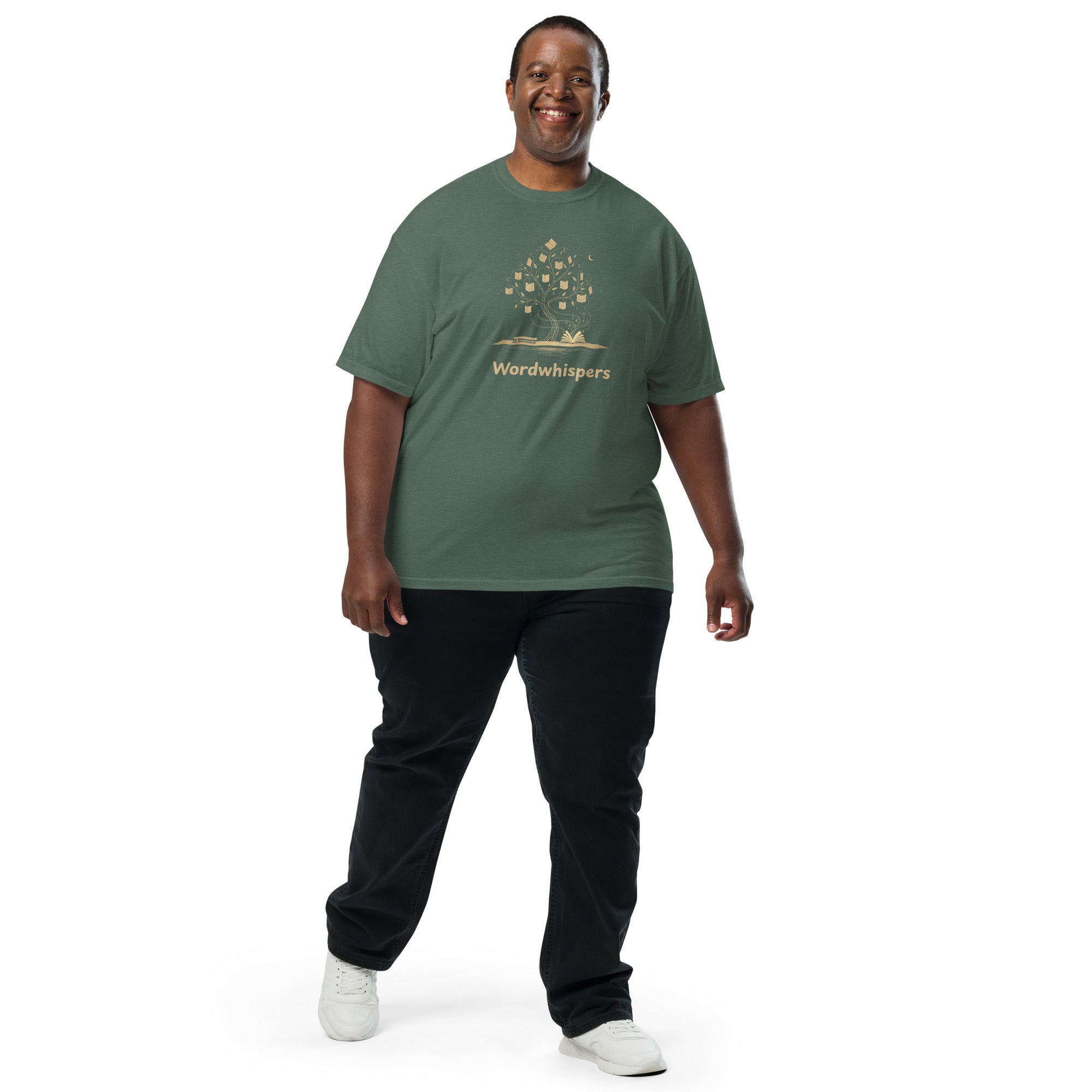 Literary heavyweight unisex t-shirt with Enchanted Tree Glowing Books design in Blue Spruce