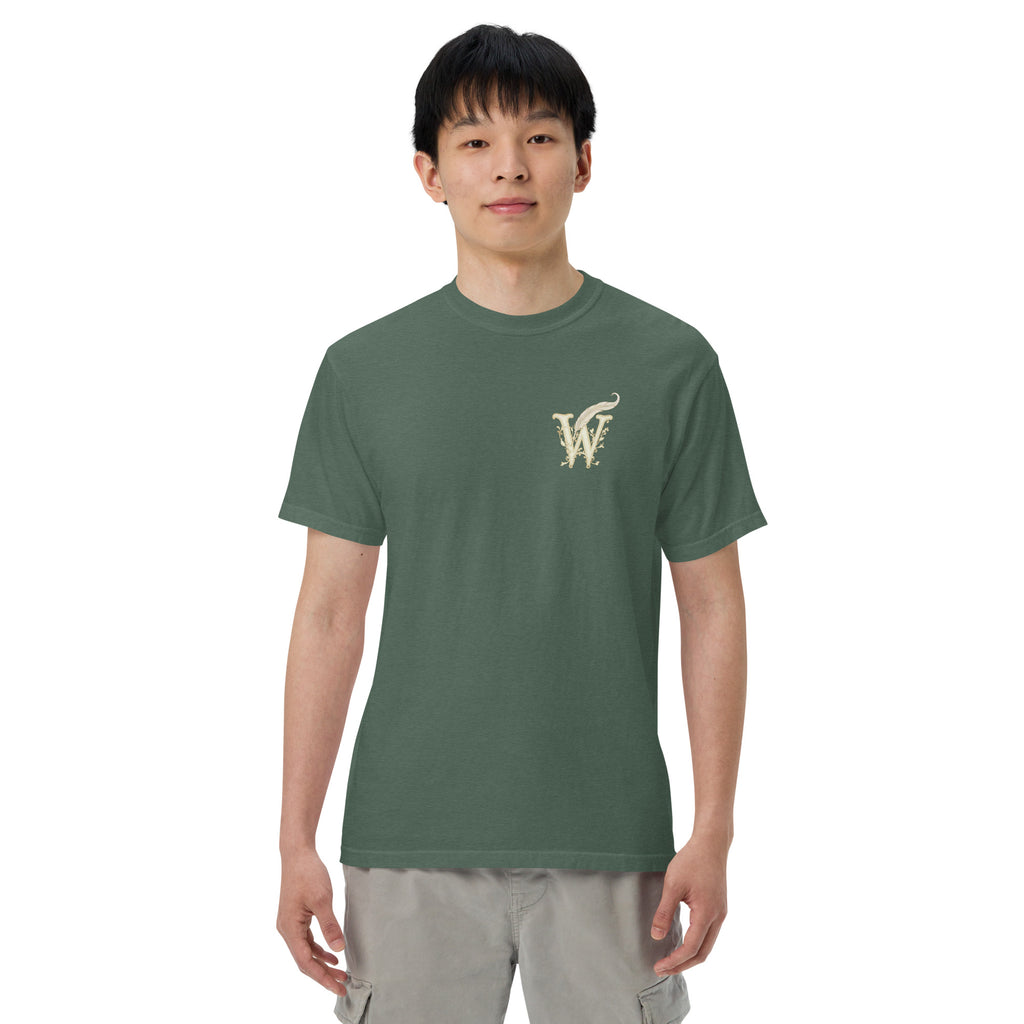 Front of Wordwhispers book lover T-shirt with a decorative W monogram on the left chest in blue spruce